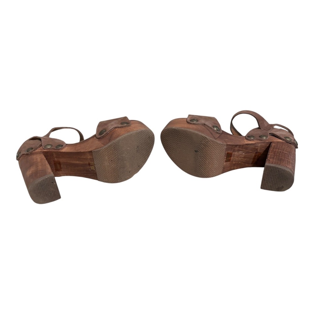 Five Worlds Wooden Platform Sandals Ankle Strap Clogs Brown Heels Size 5.5 - Picture 6 of 6